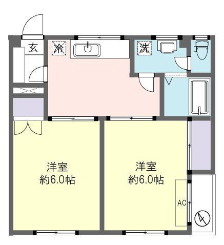 グリーンパレス102号室 間取り図 2DK 洋室6.0帖×2